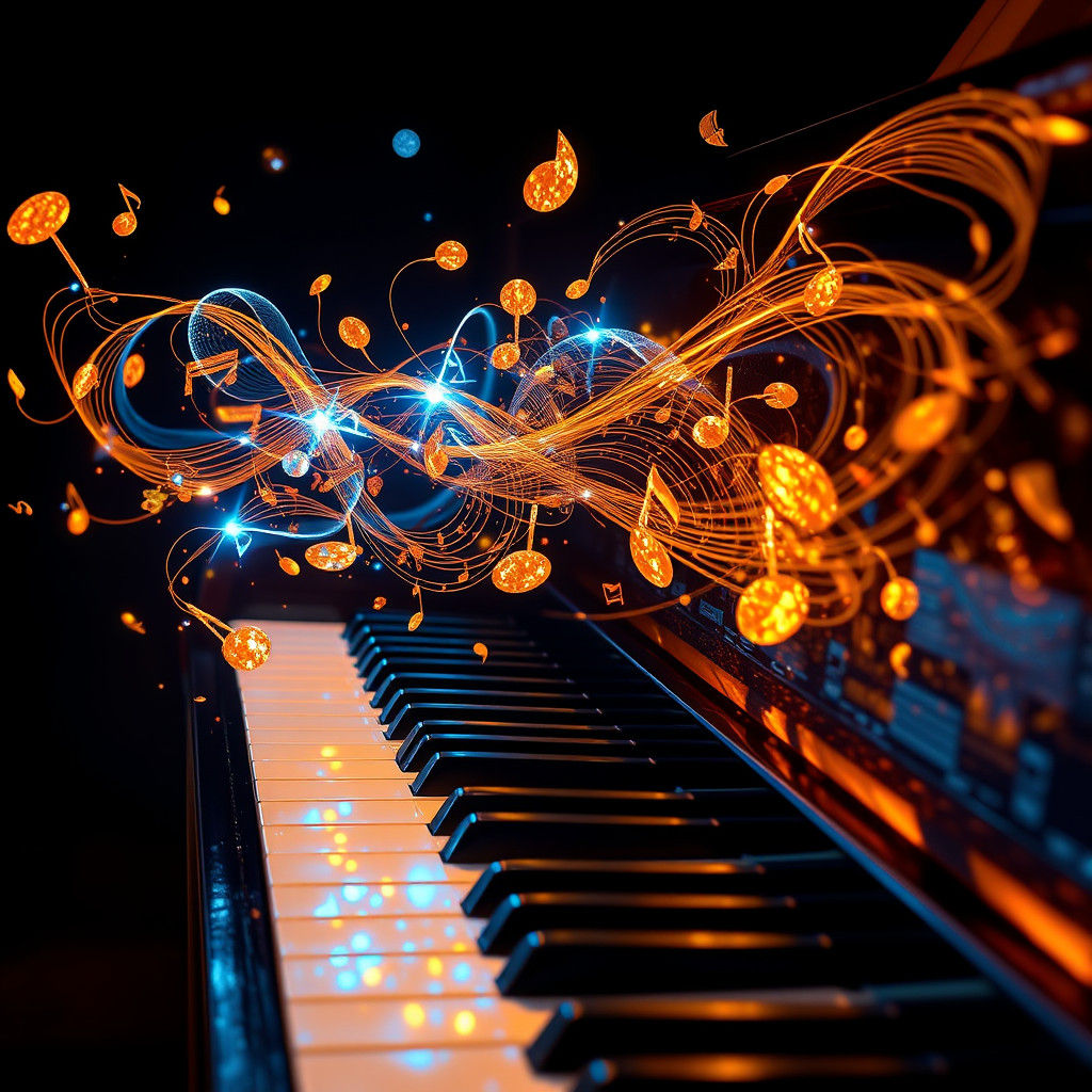 Piano Keys Unleashing Musical Notes in Fantasy Art Style