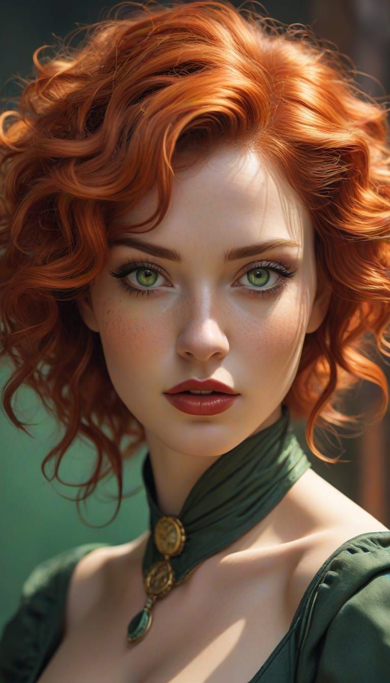 Steampunk Siren with Intricate Gears and Mesmerizing Green E...