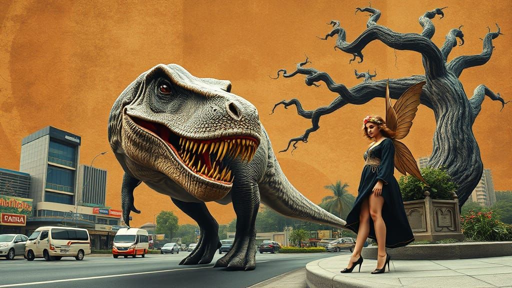 Tyrannosaurus Rex Roams Thailand: Photorealistic Panorama