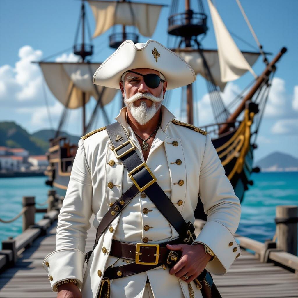 Medieval Dread Pirate in White on Tropical Dock