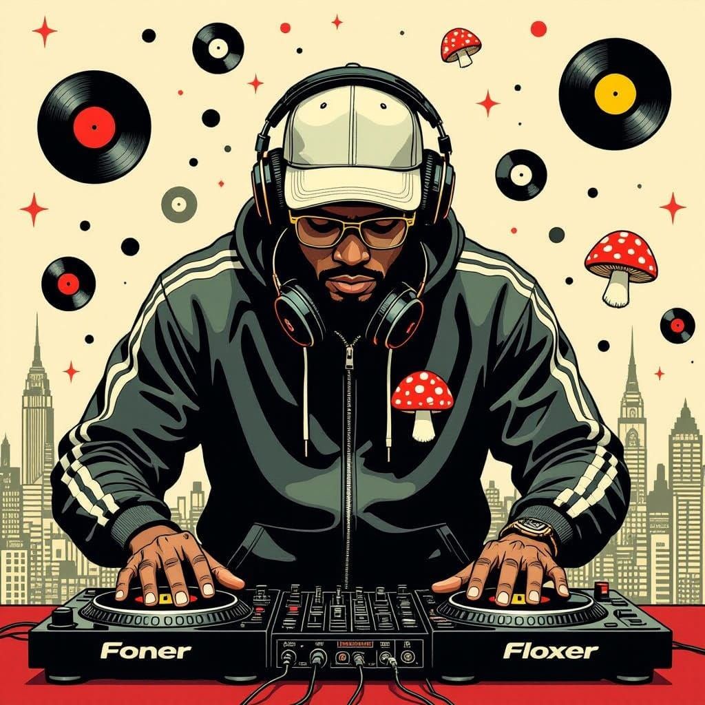 Retro-Futuristic DJ in Cosmic Vinyl Scene