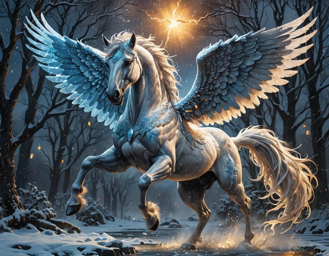 Celestial Pegasus in Electric Storm, Hyperrealistic Art