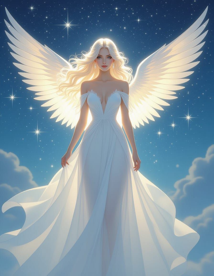 Ethereal Angel with Moonlit Dress Amidst Starry Night