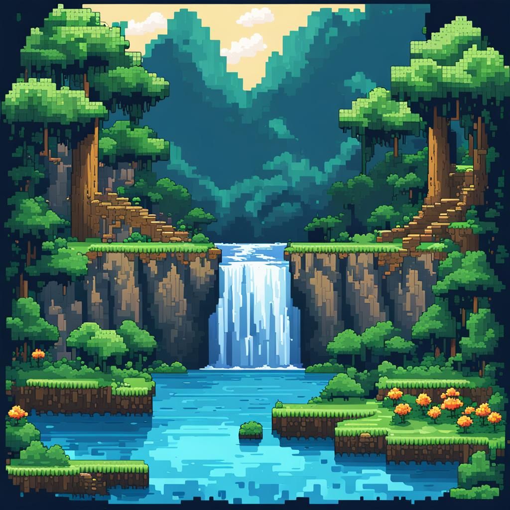 Pixel Art Waterfall Landscape in 2D