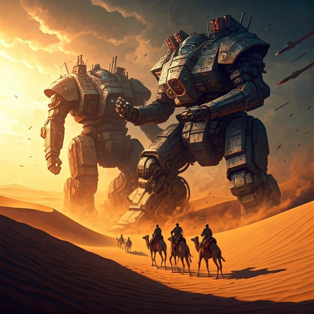 Dieselpunk Mecha Battle in Desert Sunset