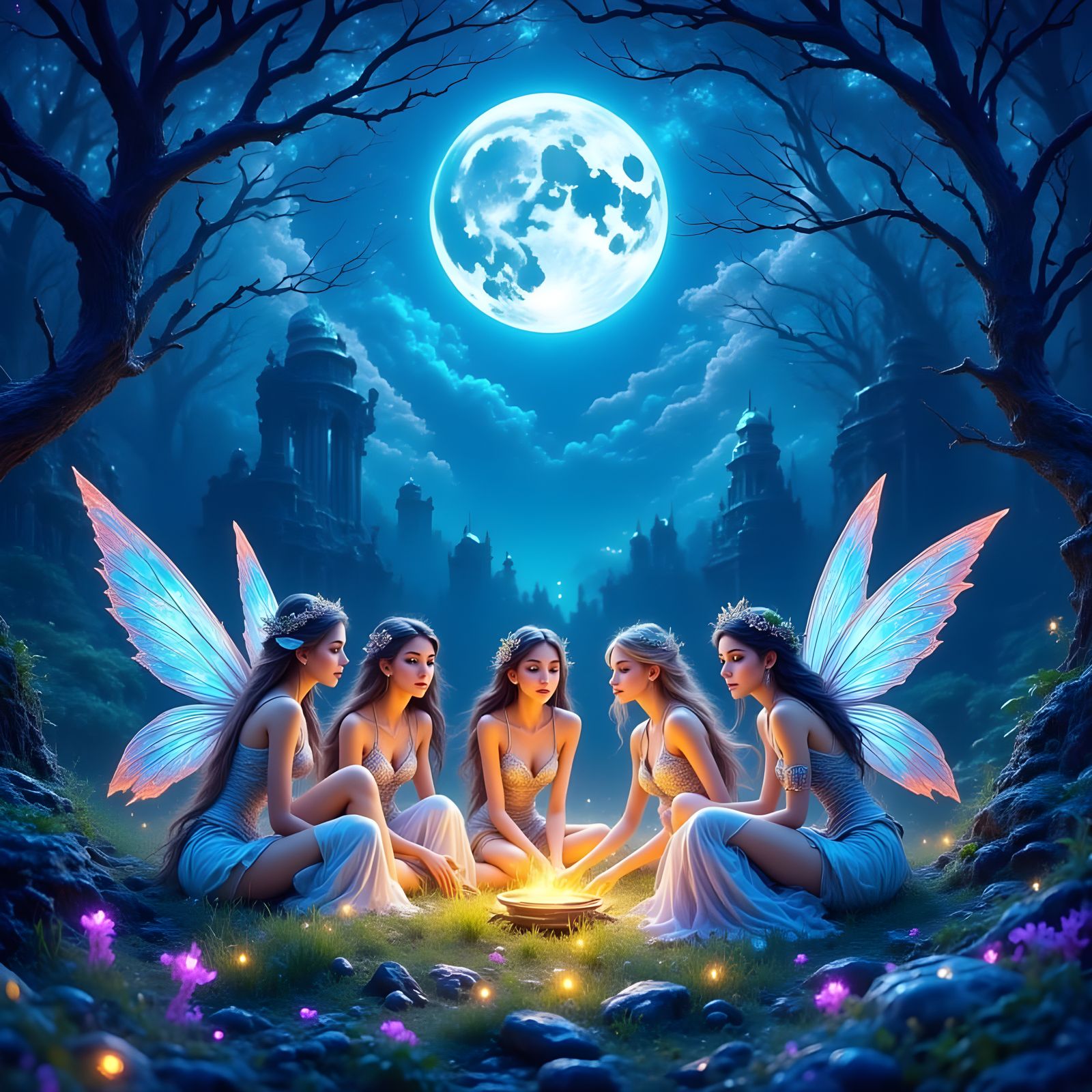 Luminous Fairy Gathering Under a Radiant Full Moon