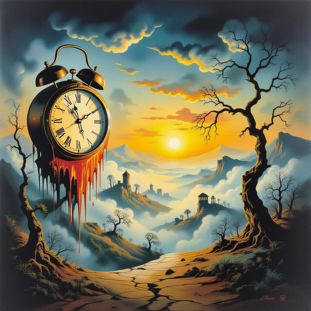 Surreal Landscape with Melting Clock in Dali Style