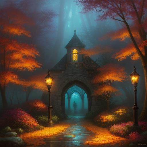 Ethereal Crusaders in Autumn Night, Kinkade Style