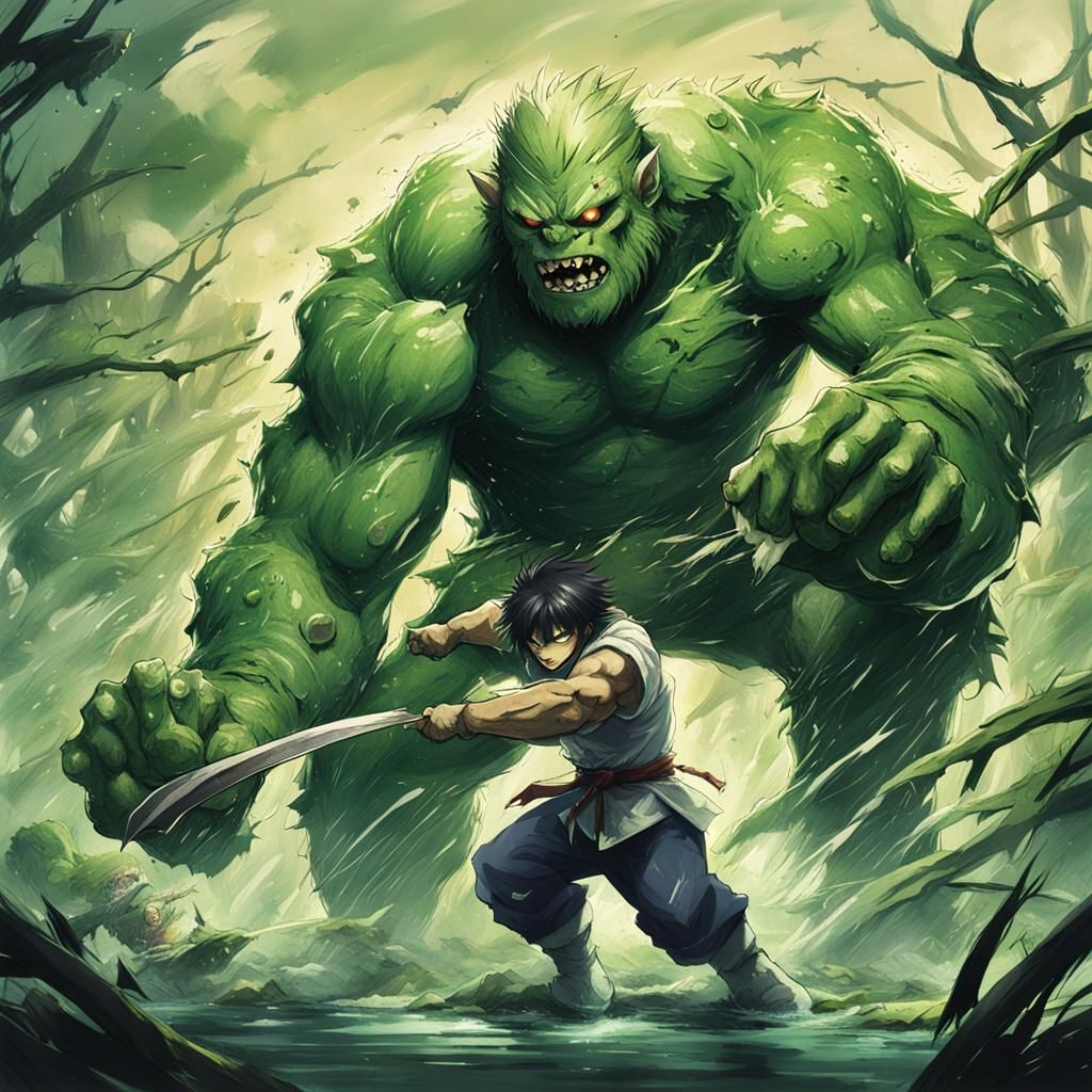 Swamp Monster Battles Strong Man in Anime Style