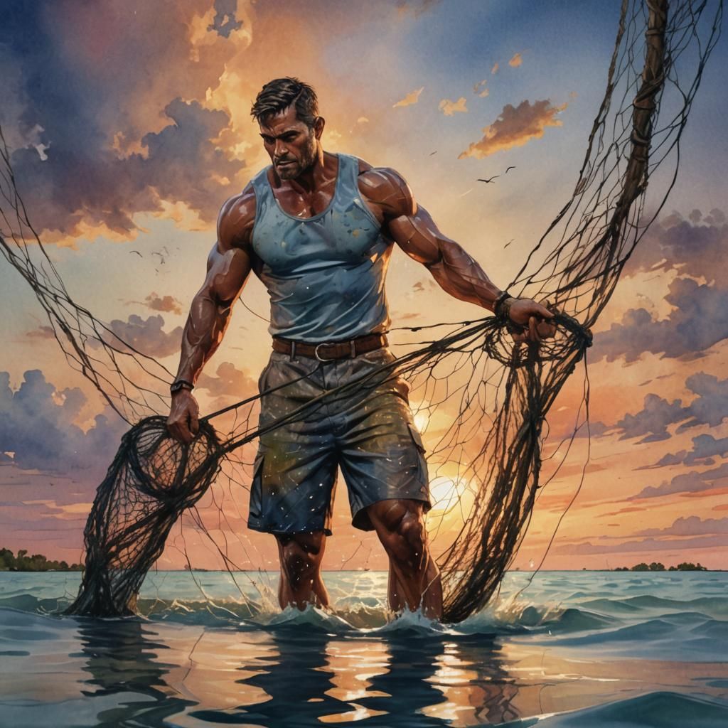 Impressionist Watercolor of Fisherman at Dusk