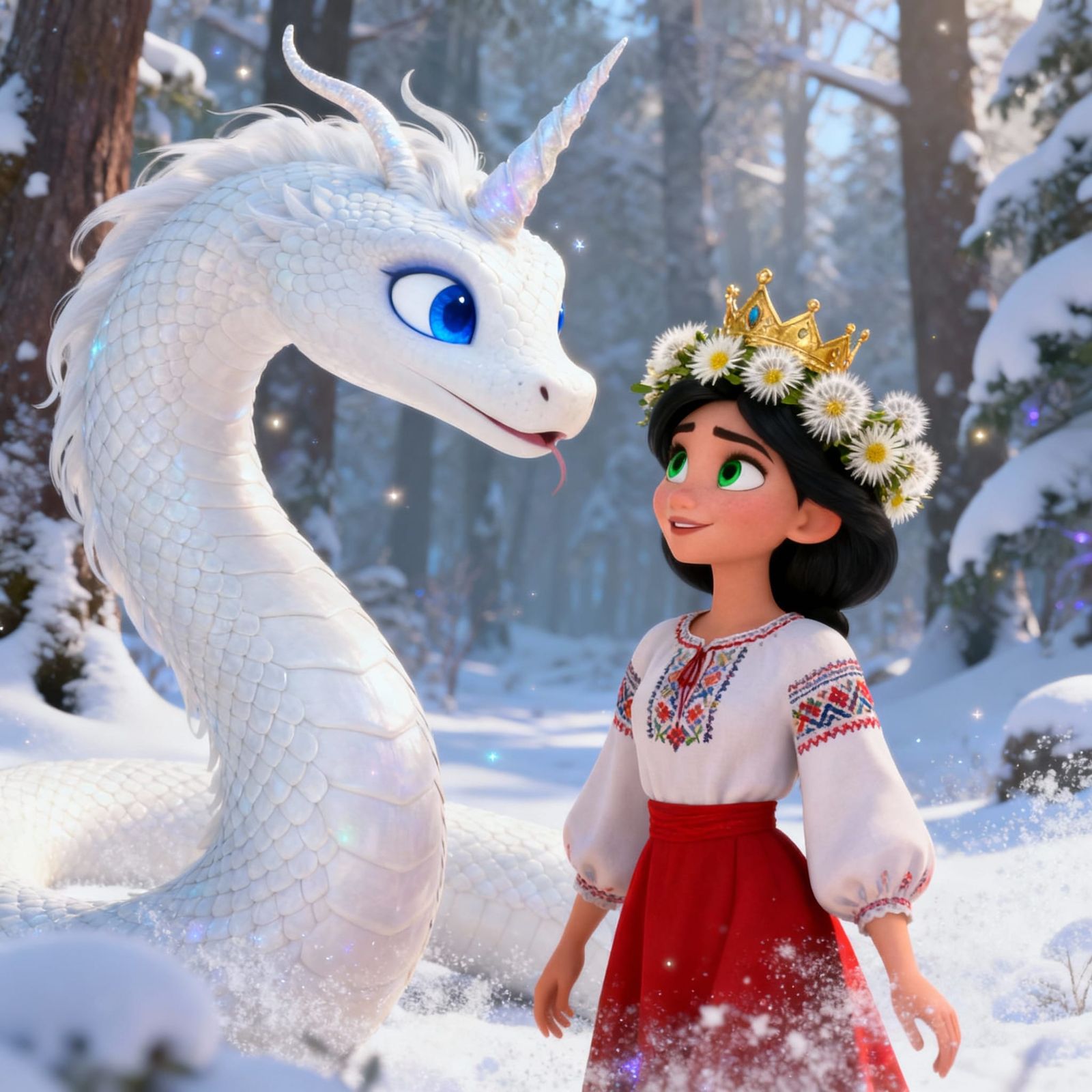 Disney Style Serpent Unicorn with Woman in Snowy Forest
