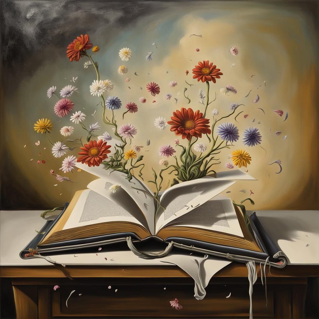 Surreal Book with Emerging Words and Flowers