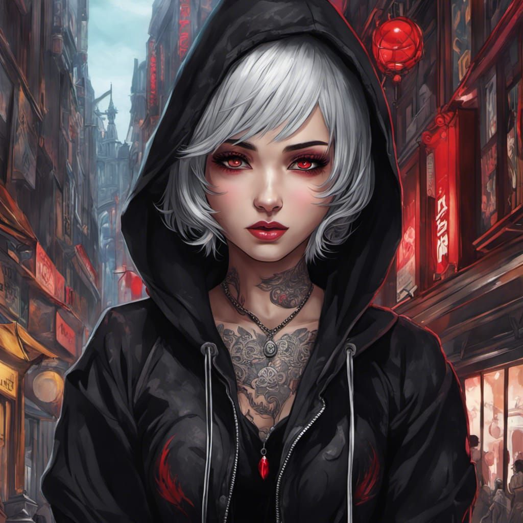 Gothic Anime Girl Portrait in Cityscape