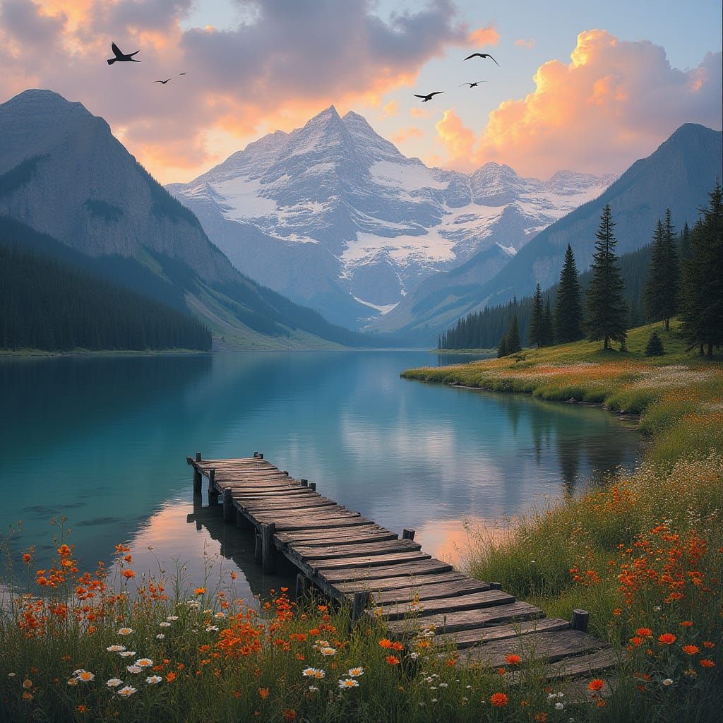 Surreal Sunset Landscape with Majestic Mountains and Serene ...