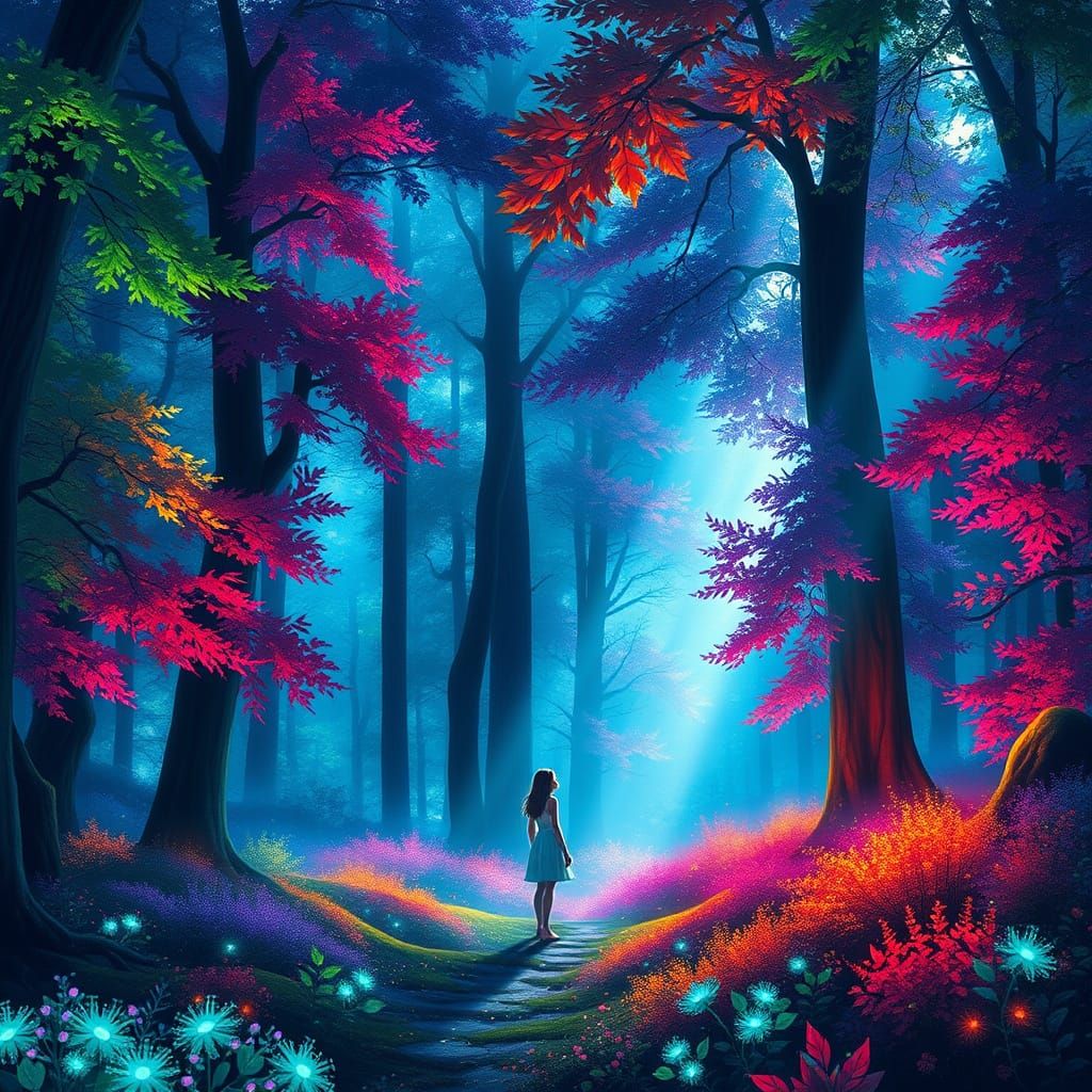 Enchanted Forest with Vibrant Colors and Lone Woman