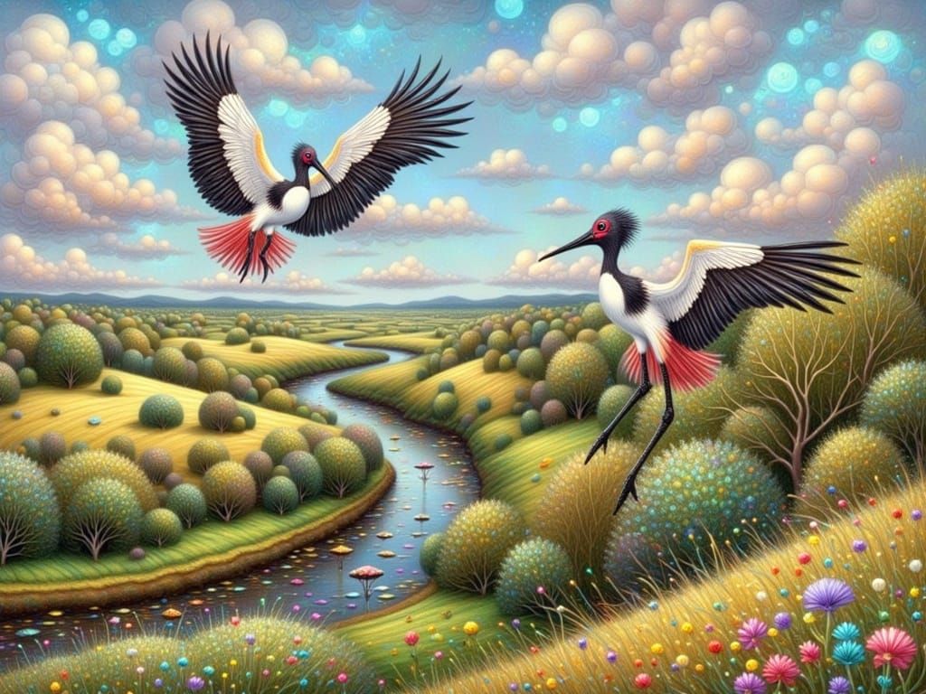 Storks in Flight over Fractal Candyland Landscape