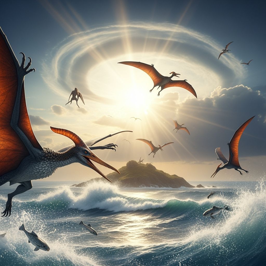 Pterodactyls Dive for Food Over Island in Cinematic Matte Pa...