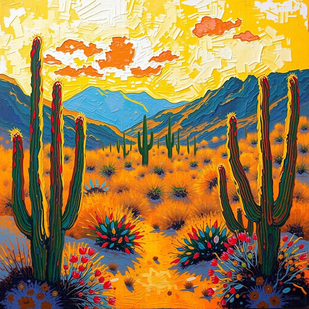 Vibrant Desert Landscape in Expressionist Impasto Style
