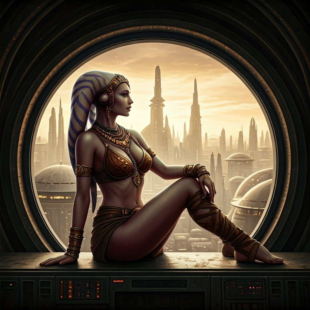 Twi'lek Dancer Overlooking Alien Cityscape