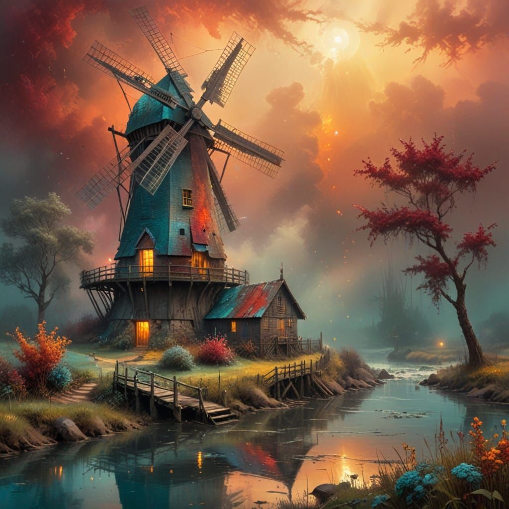 Surreal Dutch Windmill in a Vibrant Grunge Aesthetic