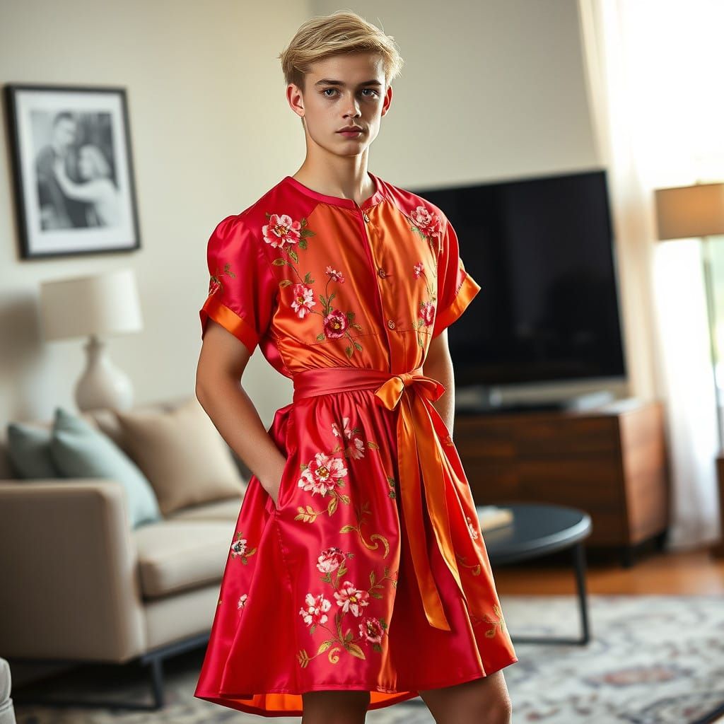Confident Modern Masculinity in Vibrant Silk Dress