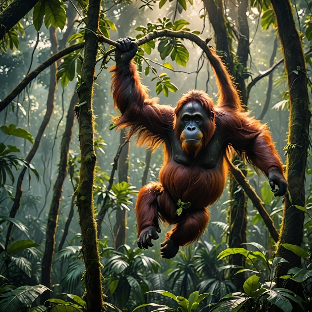 Orangutan Swings Through Jungle: Cinematic Wildlife Photogra...