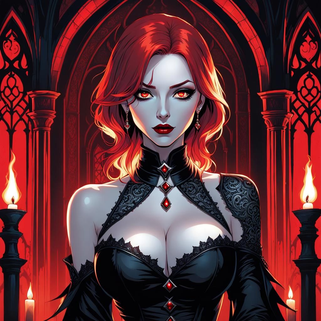 Redhead Vampire in Gothic Castle: Dark Fantasy Art