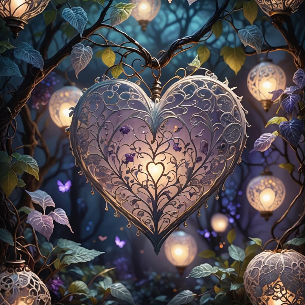 Luminous Lace Heart in Moonlit Garden