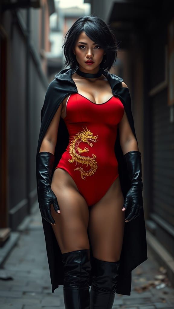 Muscular Asian Woman in Dragon Leotard Portrait