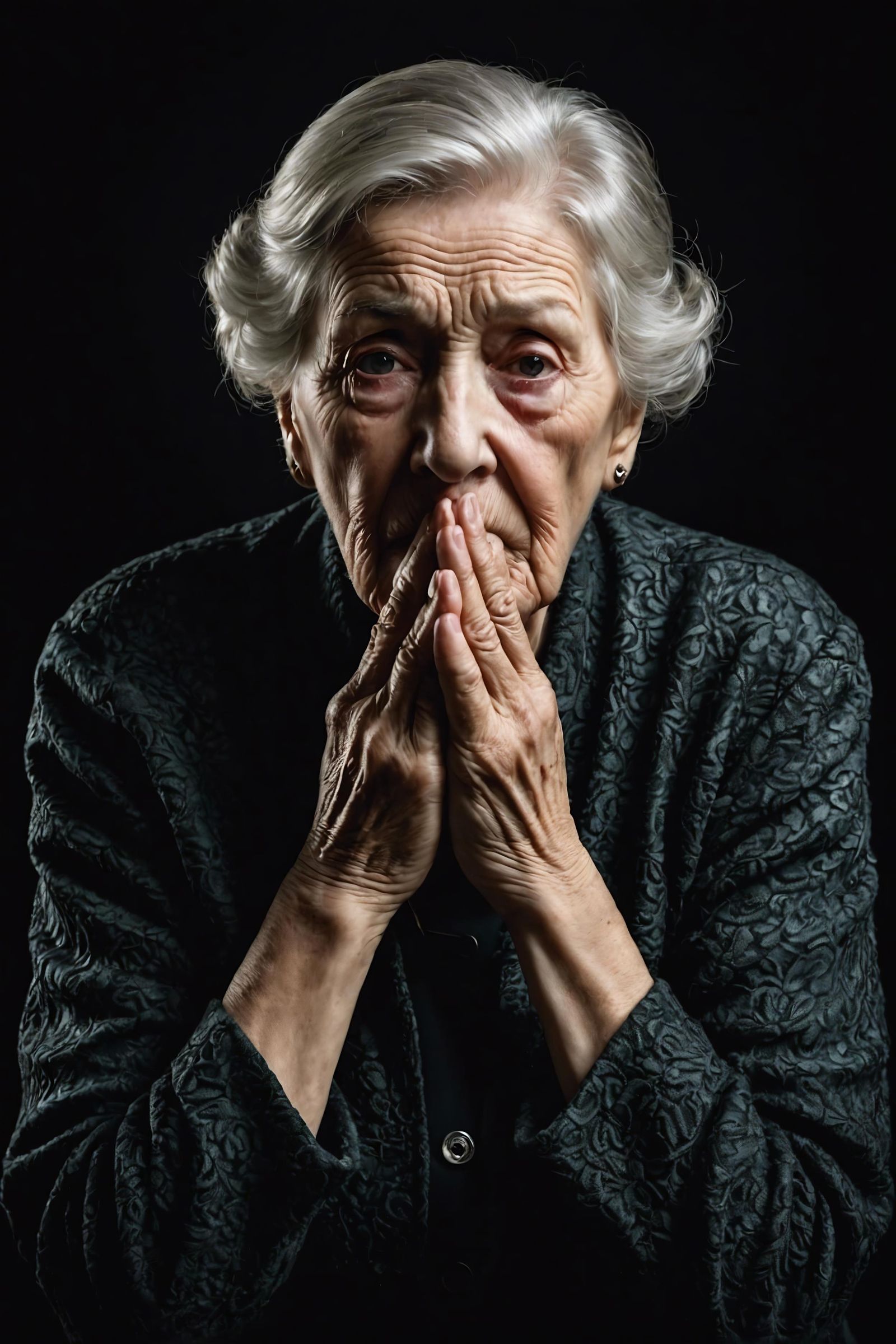 Dramatic Portrait of an Elderly Woman Coughing