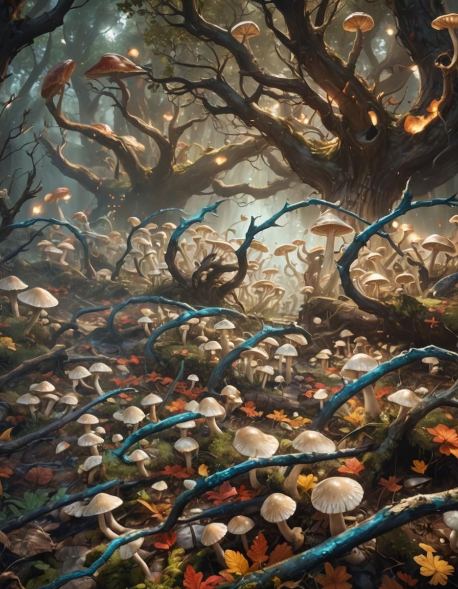 Mushroom Warrior Brawl in Fantasy Forest Illustration