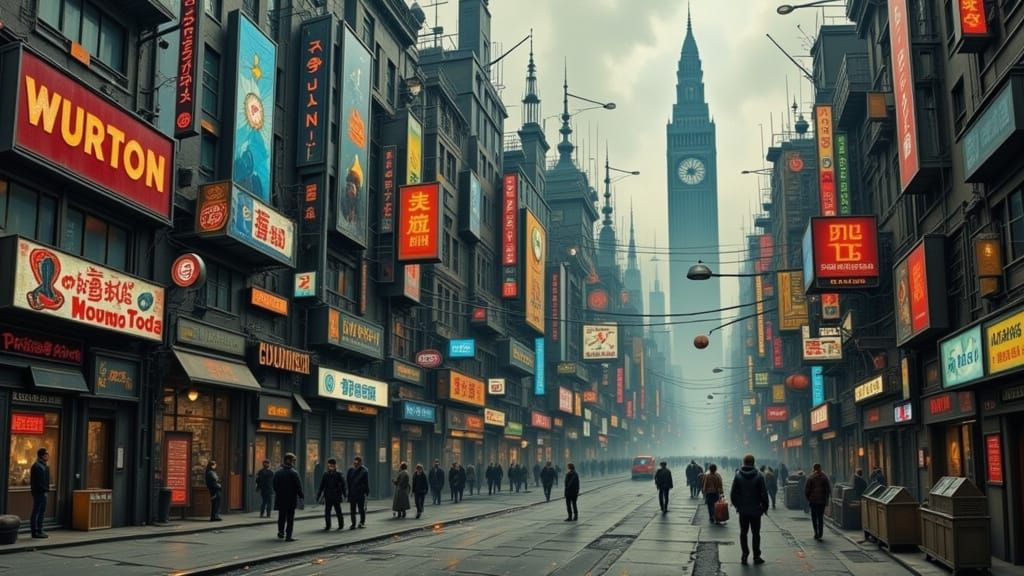 Busy Crowded Dystopian City in Deco Surreal Style