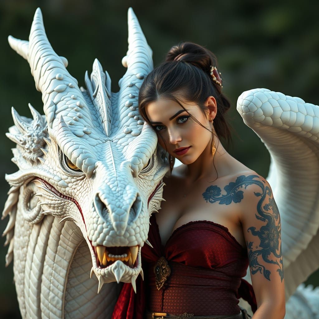 Dragonrider Woman in Intimate Bond with Majestic White Drago...