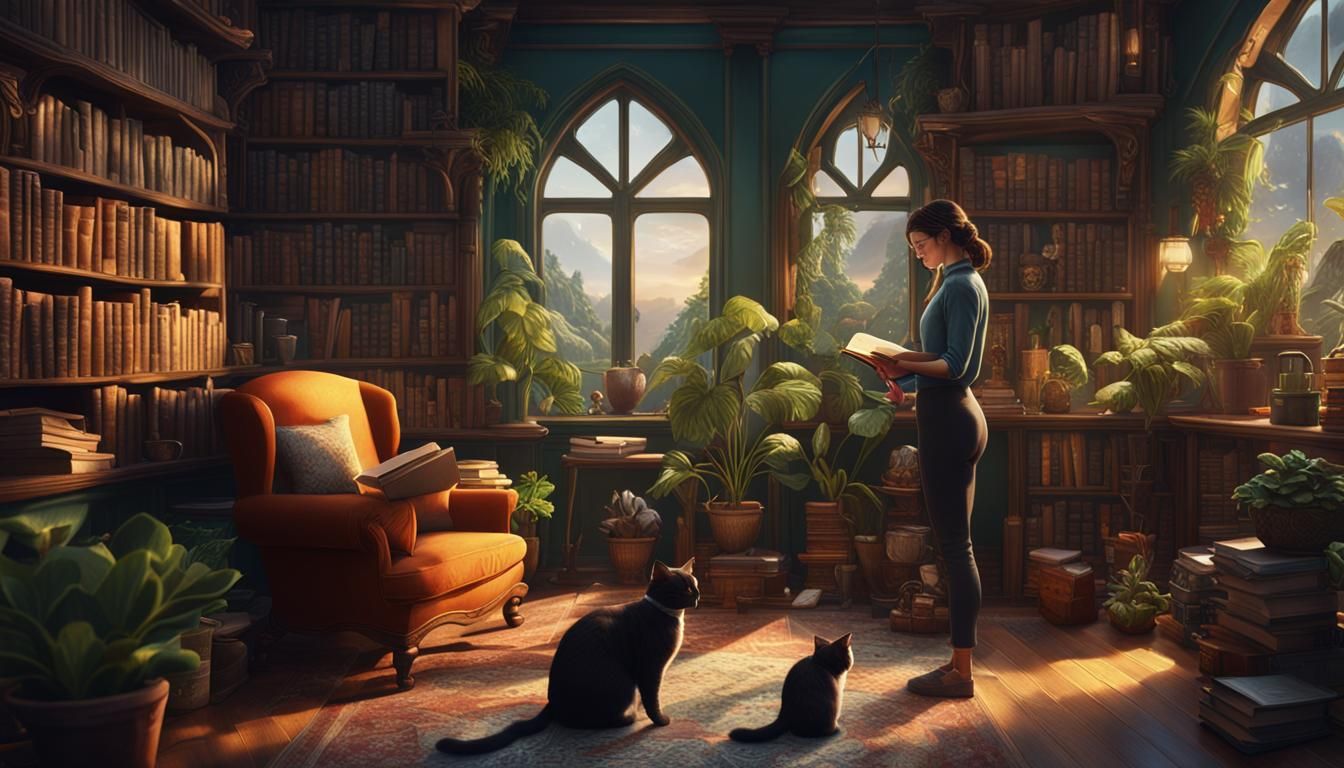 Cozy Library Scene with Woman, Cats, Bookshelves