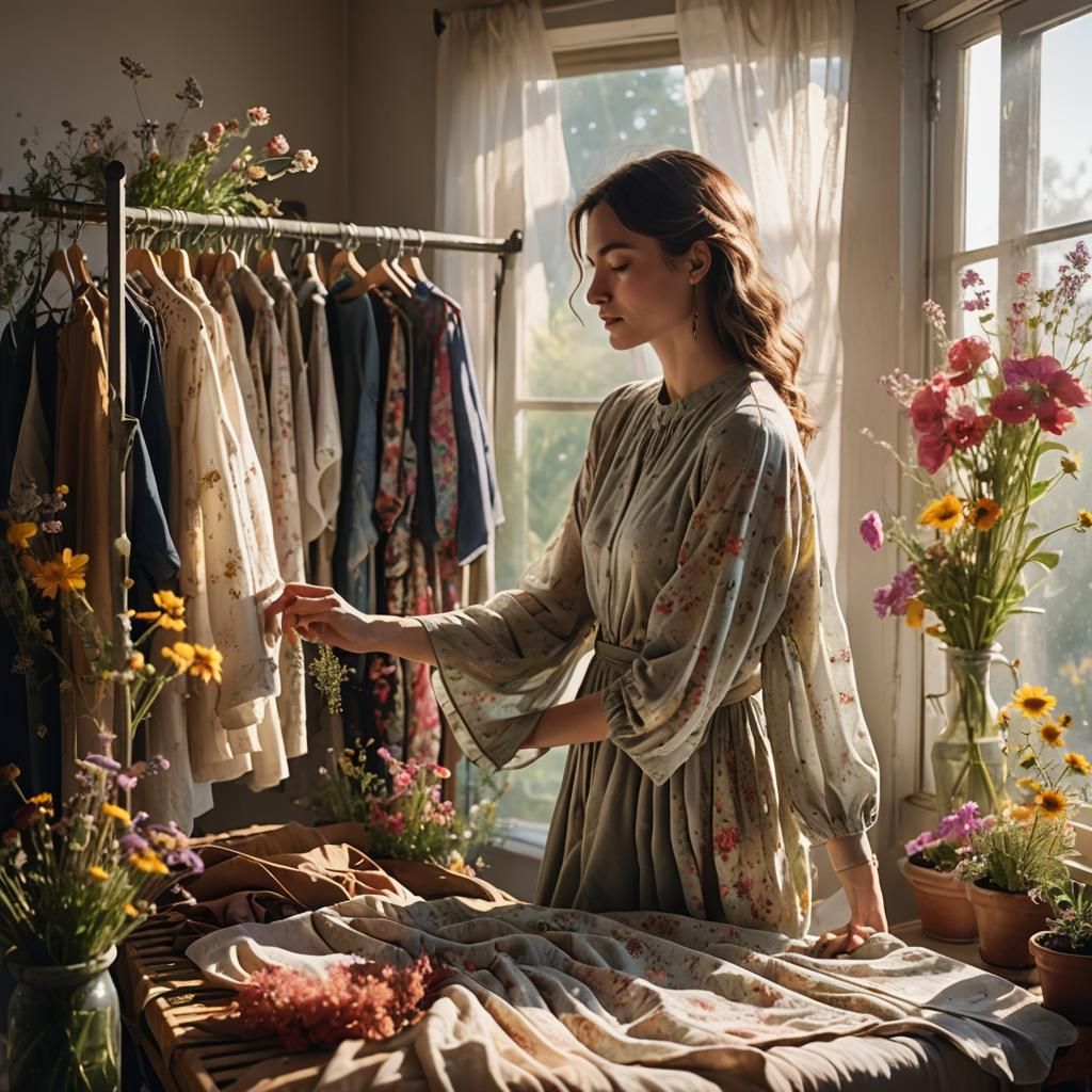 Woman Selects Clothes with Sunlight and Flowers