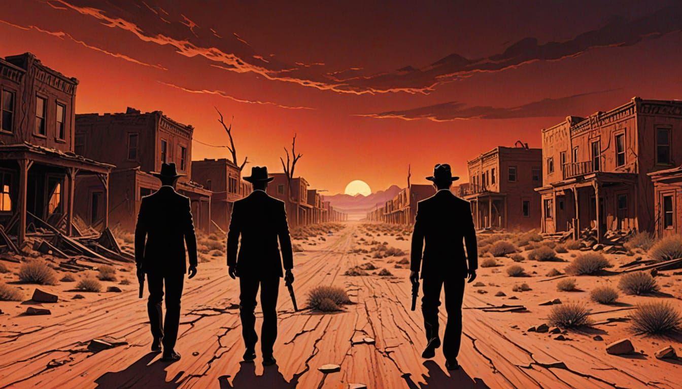 Men in Black Traverse a Surreal Desert Landscape