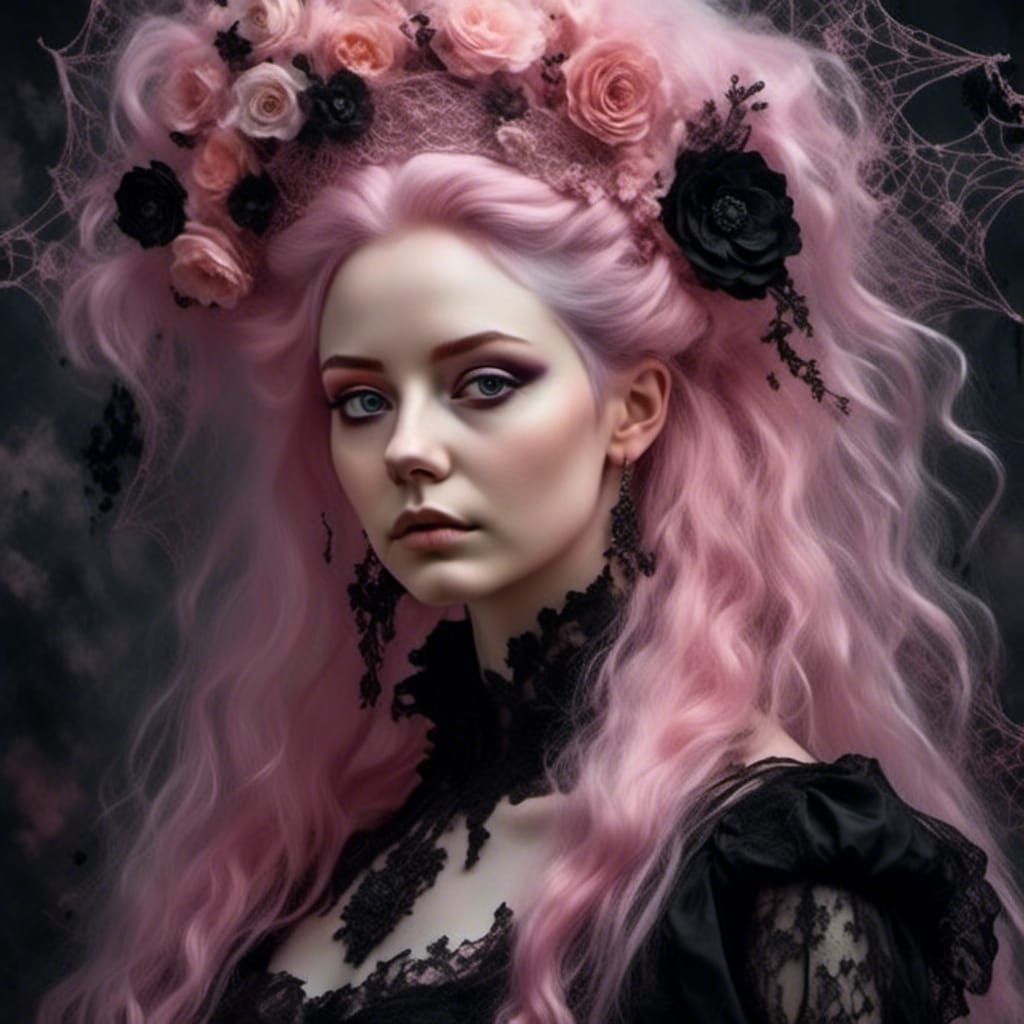 Gothic Woman with Spiderwebs in Rococo Style