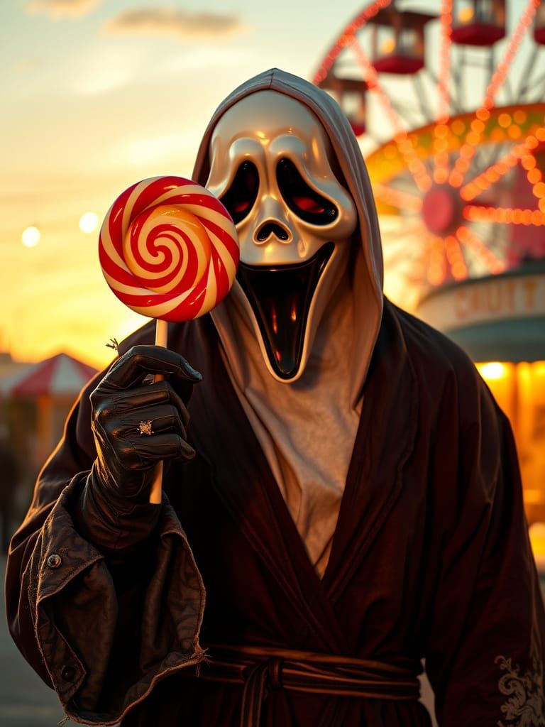 Scream Icon Smiles with Colorful Lollipop at Amusement Park