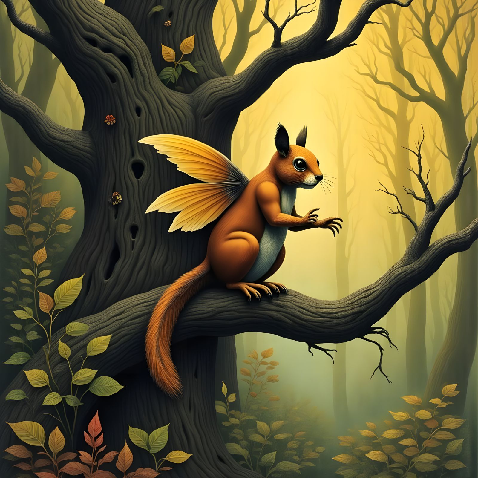 Surreal Winged Squirrel Amidst a Grotesque Forest Landscape