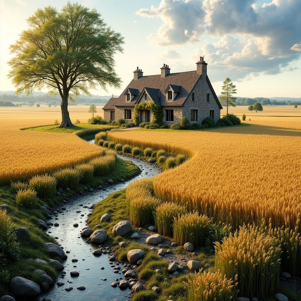 Rustic Country Cottage Amidst Golden Fields