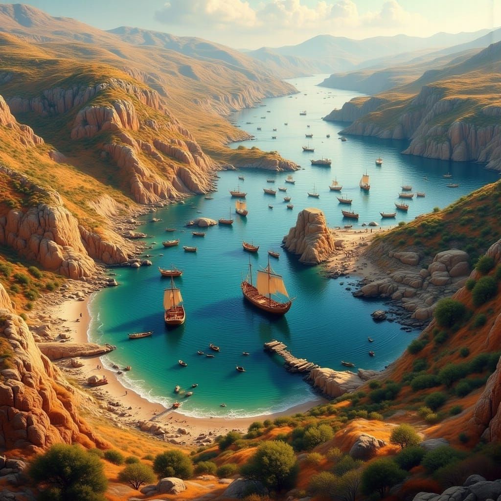 Phoenician Bay Harbor at Dawn in Ancient Mediterranean Reali...