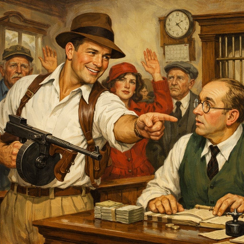 1930s Bank Robbery Scene in Rockwell Style