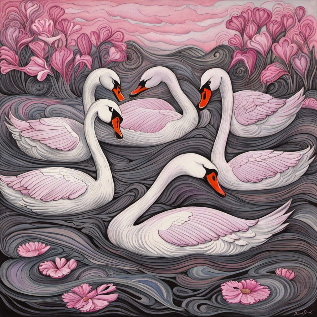 Swans Gliding on Lake in Pink and Lavender Hues