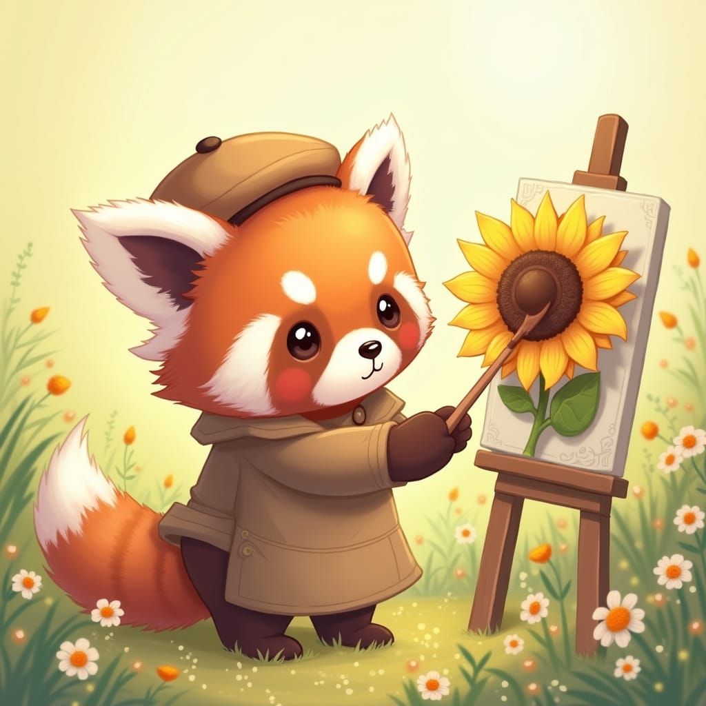 Red Panda Paints Sunflower in Kawaii Style