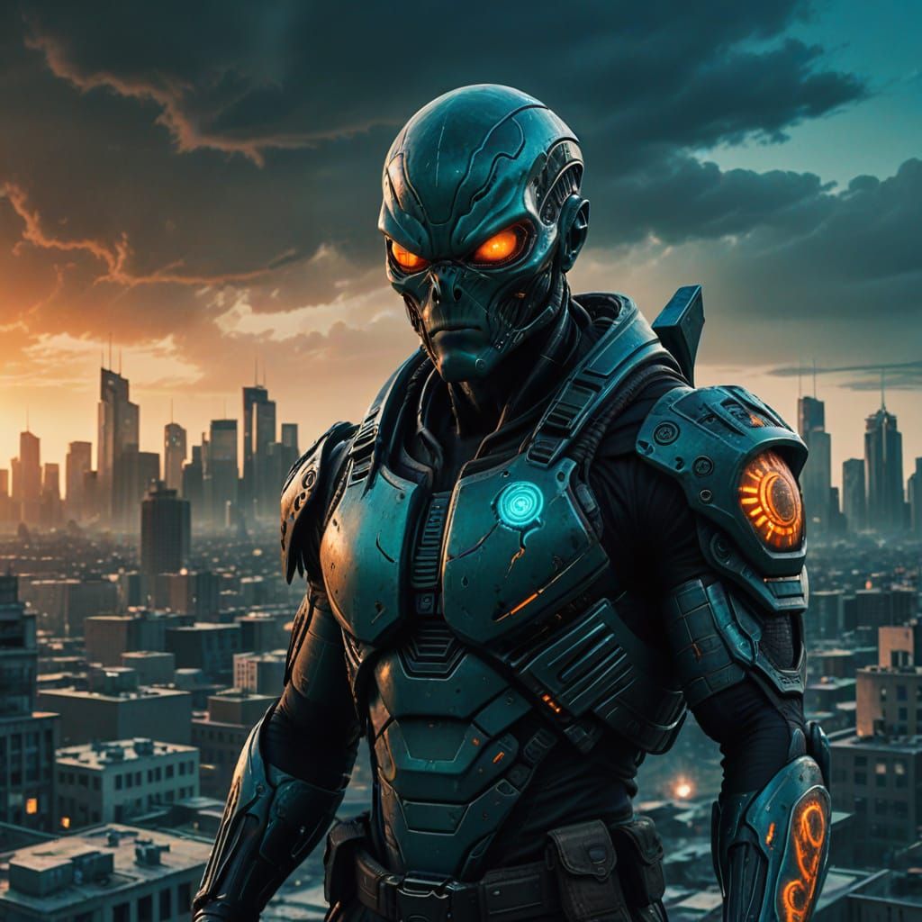 Alien Vigilante Guarding Desolate City in Dramatic Light