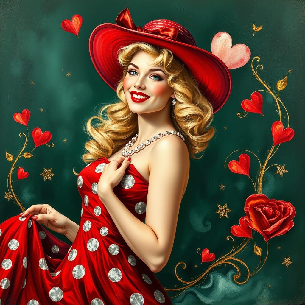 Radiant Rockabilly Goddess in Golden Dreamscape