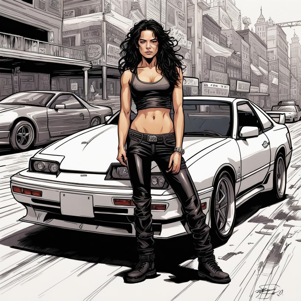 Michelle Rodriguez Posing with Nissan 240SX in Comic Art