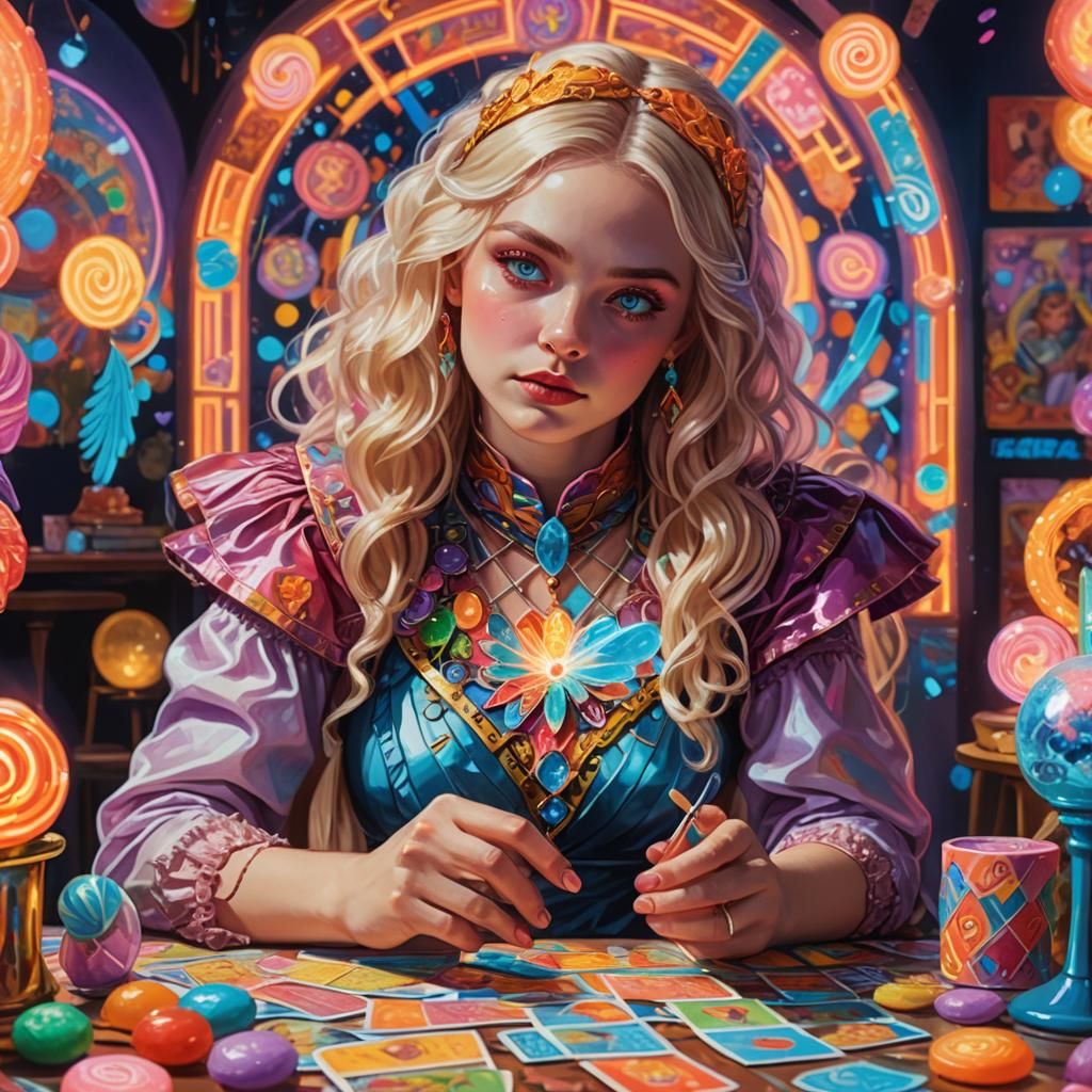 Blonde Tarot Reader with Phoenix in Candy Art Style