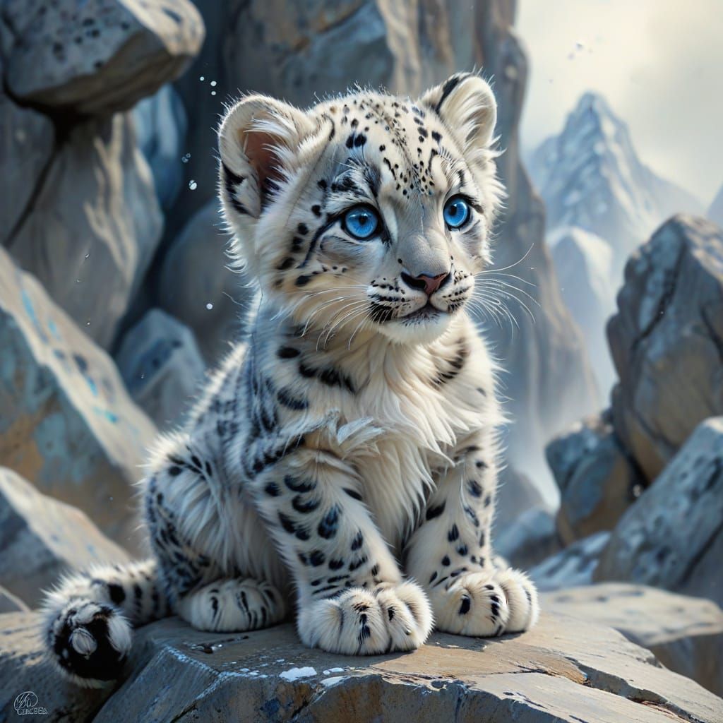 Chibi Snow Leopard Cub on Rocky Ledge - Watercolor Art