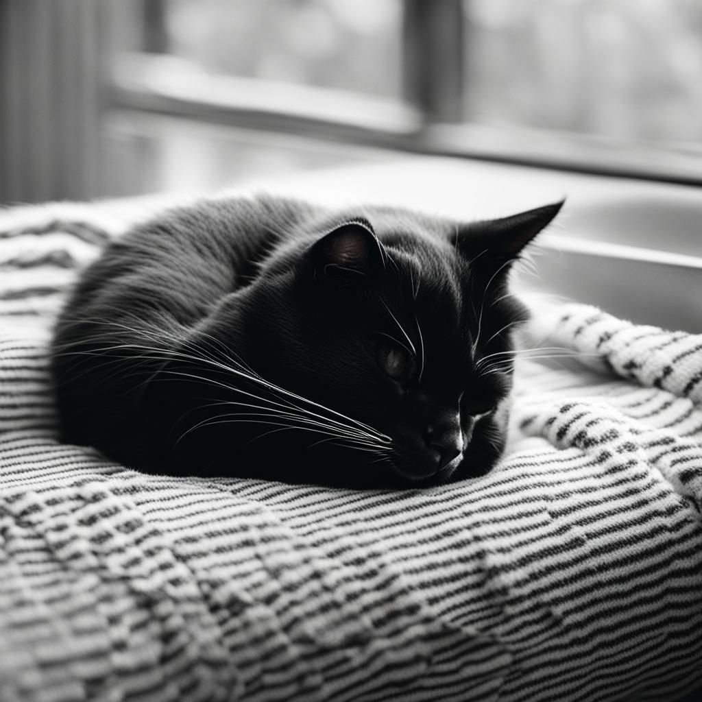 Sleeping Black and White Feline in Monochrome